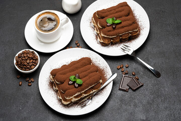 Classic tiramisu dessert, cup of coffee, sugar and milk on concrete background
