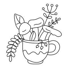 Nice mushrooms, leaves and herbs in a cute mug. Hand drawn vector illustration in doodle style on white background. Isolated outline. Autumn theme.