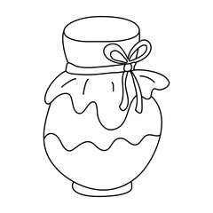 Jar of jam in doodle style. Isolated outline. Hand drawn vector illustration in black ink on white background. Cooking and canning theme. Cozy home.