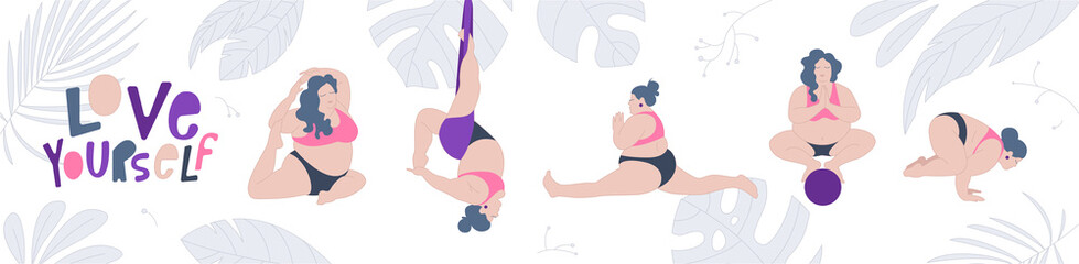 Plus size young women doing fitness, yoga, forward split. Body love lifestyle healthcare illustration. Lotus namaste asana. Isolated on white background.