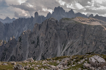 Cadin di Misurina mountain group as seen from Rifugio Lavaredo, Eastern Dolomites, South Tirol, Italy.