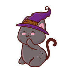halloween, cute black cat and hat witch, in white background vector illustration design