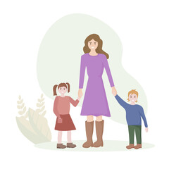 A young woman of European appearance with two children. The son and daughter hold the mother's hand. The concept of motherhood and happy childhood. Vector flat design