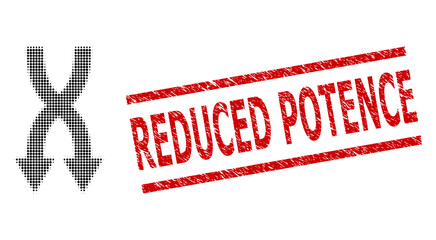 Shuffle arrows down halftone dotted vector and Reduced Potence textured stamp seal. Stamp seal includes Reduced Potence caption between parallel lines.