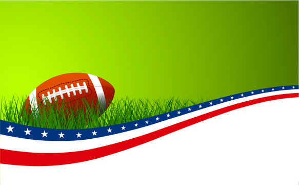 American football soccer field with flag, football field. Play, team sport, Green grass sky background. Flat vector playing field banner signs. Ball sports