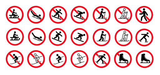 No skiing forbidden sign. Do not ski, cross-country, sledding, 
snowboarding or ice kate. Forbid Do not enter, stop halt allowed, no ban. Flat vector snow winter signboard.  Danger, Slope,  ice kating