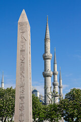 Egyptian obelisk and minarets of the Blue Mosque in Istanbul, Turkey.