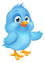 A cute bluebird blue baby bird cartoon mascot illustration pointing with its wing
