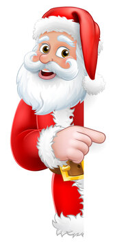 Santa Claus Christmas cartoon character peeking around the side of a sign background pointing at it with copyspace.