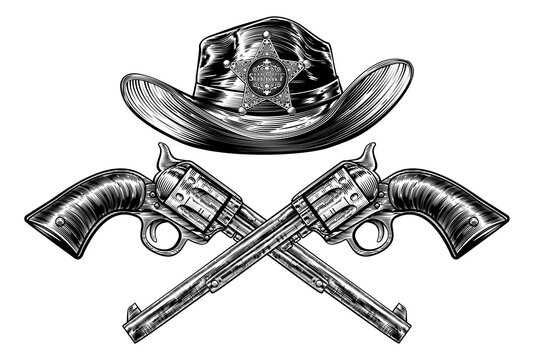 recommend clip art: A cowboy western hat with sheriff star badge and pair of crossed pistol guns in a vintage etched engraved style