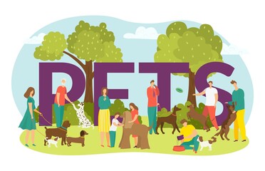 Happy owners with dogs, cute puppies domestic animals and lettering pets vector illustration isolated. Man and woman walking with dog outdoors at park, children with pet friend in summer time.