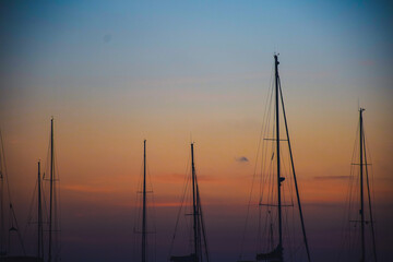 Masts of a group of sailing boats against the light at sunset