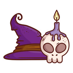 halloween, hat witch and skull with candle on white background vector illustration design
