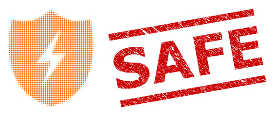 Electric shield halftone dotted illustration and Safe textured stamp print. Stamp seal includes Safe tag between parallel lines.