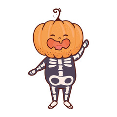 boy disguised of skeleton with head of pumpkin for happy halloween celebration vector illustration design