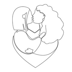 Lesbian couple. Two girls hug and kiss each other. LGBT pride. Minimalistic postcard design. Vector one line illustration for logo or print isolated on white background.