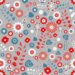 Seamless pattern with folk floral ornament, vector illustration