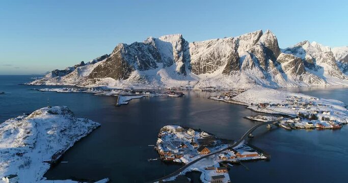 Drone aerial shot of winter landscape in Norway lofotens
