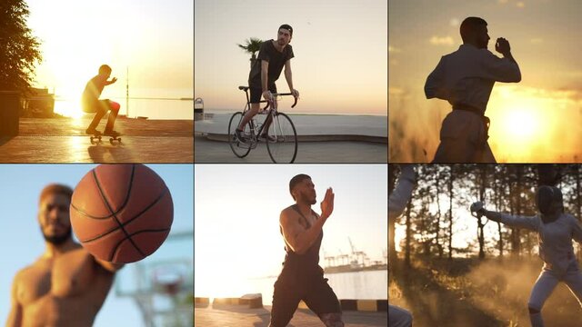 Multiscreen collage active and attractive people, concept of healthy lifestyle. Diverse men and women workout outdoors. Split screen various sports, skateboarding, cycling, martical arts and fencing