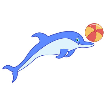 Cute cartoon jumping dolphin vector with a ball. A hand drawn design on isolated white background.