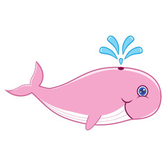 Cute pink whale squirting water vector. A hand drawn design on isolated white background.
