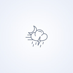 Cloudy night, thunderstorm, rain and wind, vector best gray line icon