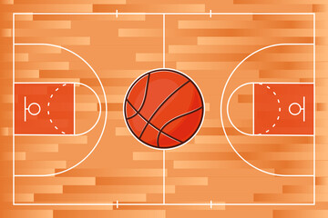 Realistic basketball court and ball, with line on wood texture background. Vector stock illustration.