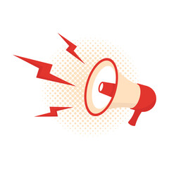 Red megaphone lighte, icon isolated on white background. Concept of announcement communication and announce information by using a loudspeaker. Cartoon comic vector illustration.