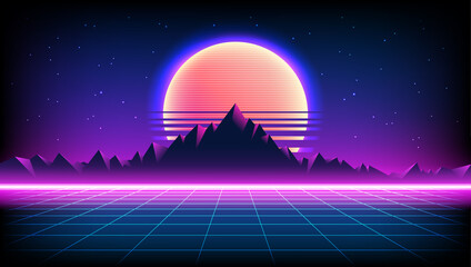 80s Retro Sci-Fi Background with Sunrise or Sunset night sky with stars, mountains landscape infinite horizon mesh in neon game style. Futuristic synth retrowave illustration in 1980s posters style © MarySan