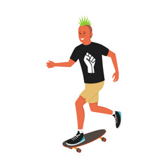 Fototapeta na wymiar Punk guy riding a skateboard isolated on white background. Concept extreme lifestyle. Cartoon vector illustration.