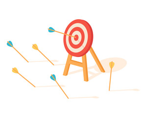 Arrows missed hitting target mark isolated on white background. Shot miss. Concept busines strategy challenge failure. Cartoon vector illustration.