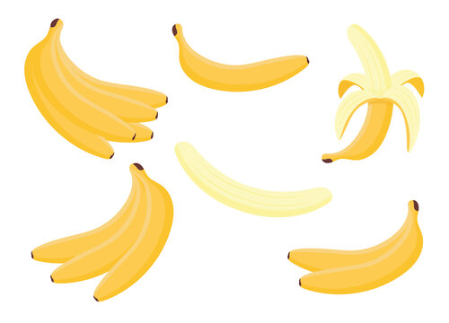 Set peeled and bunch of bananas isolated on white background. Tropical fruits, banana snack or vegan nutrition. Cartoon set vector illustration.