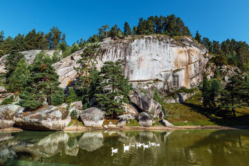 Landscape with rocks and a small lake. Altai Republic