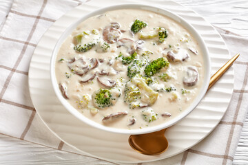 Mushroom Broccoli Cheese Soup in a white bowl