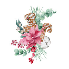 watercolor illustration, christmas composition with spruce, pine, eucalyptus branches, berries, cotton, Christmas gingerbread and succulent