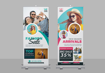 Fashion Sale Roll Up Banner Layout with Blue and Pink Accents