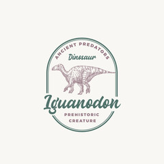 Prehistoric Creature Dinosaur Abstract Sign, Symbol or Logo Template. Hand Drawn Iguanodon Reptile with Retro Typography in a Frame. Vector Emblem Concept.