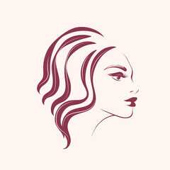 Beautiful woman with long, wavy hairstyle and elegant makeup.Beauty and hair salon illustration.Cosmetics, hairdresser and spa icon.Young lady portrait.Cute girl face.Profile view.