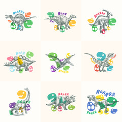 Dinosaurs Abstract Signs, Symbols or Logo Templates Collection. Hand Drawn Ancient Reptiles Labels Set with Funny Flat Style Illustrations. Cute Vector T-shirt Print or Emblem Concepts Bundle.