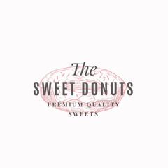 Premium Quality Confectionary Abstract Sign, Symbol or Logo Template. Hand Drawn Donut and Typography. Local Bakery Vector Emblem Concept.