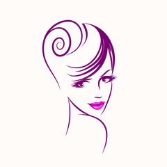 Beautiful woman with elegant hairstyle and makeup.Beauty and hair salon illustration.Cosmetics, hairdresser and spa icon.Young lady portrait.Smiling girl face.Hair bun and pink lipstick.