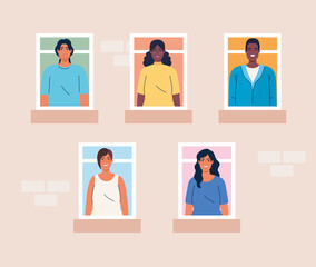 multi ethnic people looking out the windows, diversity and multiculturalism concept vector illustration design