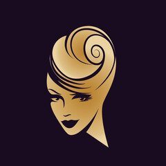 Beautiful woman with elegant hairstyle and makeup.Beauty and hair salon illustration.Cosmetics, hairdresser and spa icon.Blonde young lady portrait.Smiling girl face.Hair bun and lipstick.