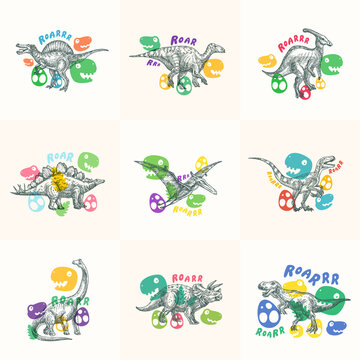 Dinosaurs Abstract Signs, Symbols or Logo Templates Collection. Hand Drawn Ancient Reptiles Labels Set with Funny Flat Style Illustrations. Cute Vector T-shirt Print or Emblem Concepts Bundle.