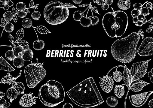 Berries and fruits drawing collection. Hand drawn berry sketch. Vector illustration. Strawberry, apple, watermelon, blueberry, cranberry, raspberry, peach, cherry, pear, gooseberry illustration.