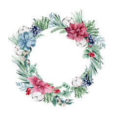 watercolor illustration, christmas wreath with spruce, pine, eucalyptus branches, berries, cotton, christmas gingerbread and succulent