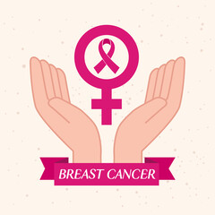 hands with pink ribbon, symbol of world breast cancer awareness month vector illustration design