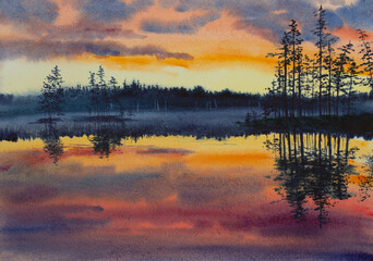 crimson sunset on a forest lake - 375657551