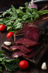 Dried meat sliced and smoked, beautiful photo for a catalogue