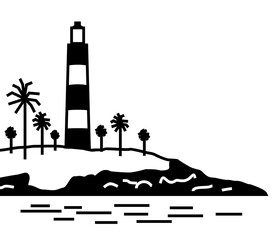 Kerala Light house and Sea view black and white vector sketch